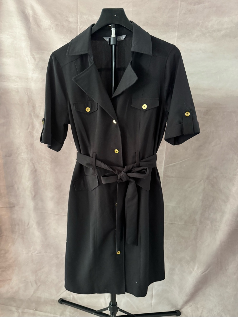 Sharagano Classic Black Button-Front Shirt Dress with Waist Tie
